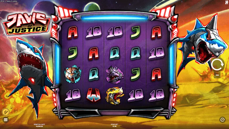 Jaws of Justice base game showing full 5x4 grid with cyber predator symbols and neon sci-fi setting