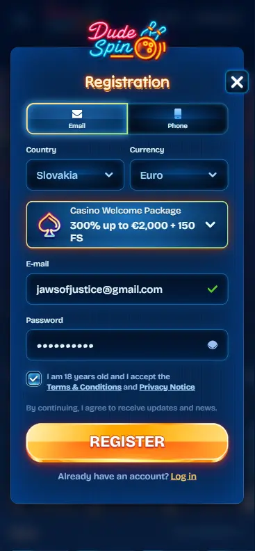 Casino registration form to play Jaws of Justice for real money